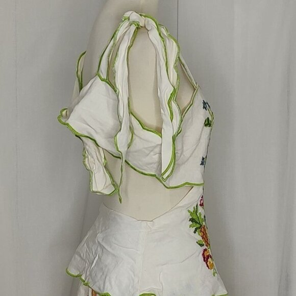 Farm Rio Maxi Dress XL Tropical Romance Needlepoint Cut-Out Linen White Floral - Picture 11 of 16